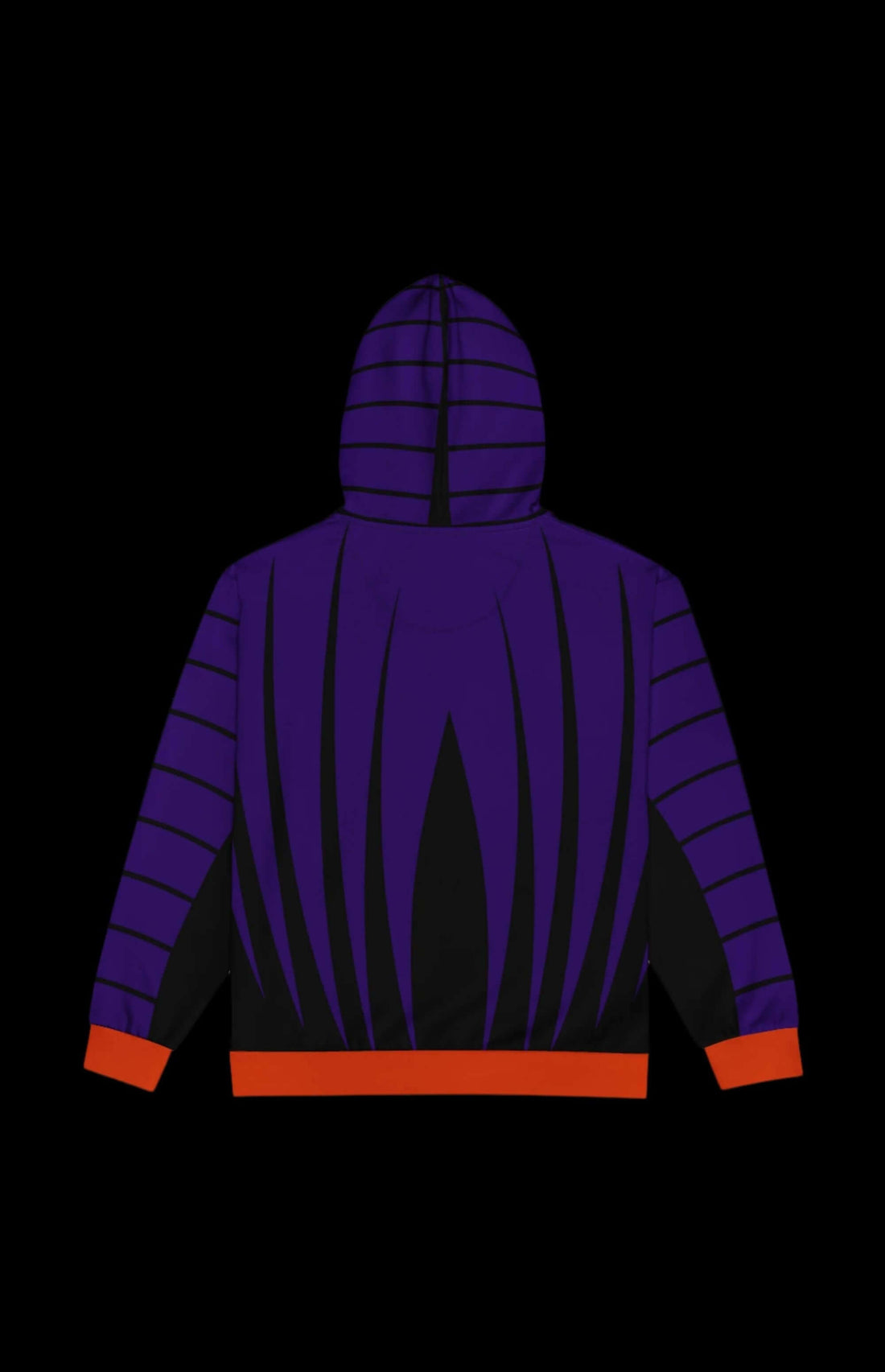 Mr Ominous Zip-up Hoodie in vibrant purple and orange, crafted from recycled materials for stylish, sustainable comfort.