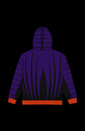 Back view of Mr Ominous Zip-up Hoodie in purple and black with vibrant orange cuffs, crafted from recycled materials.