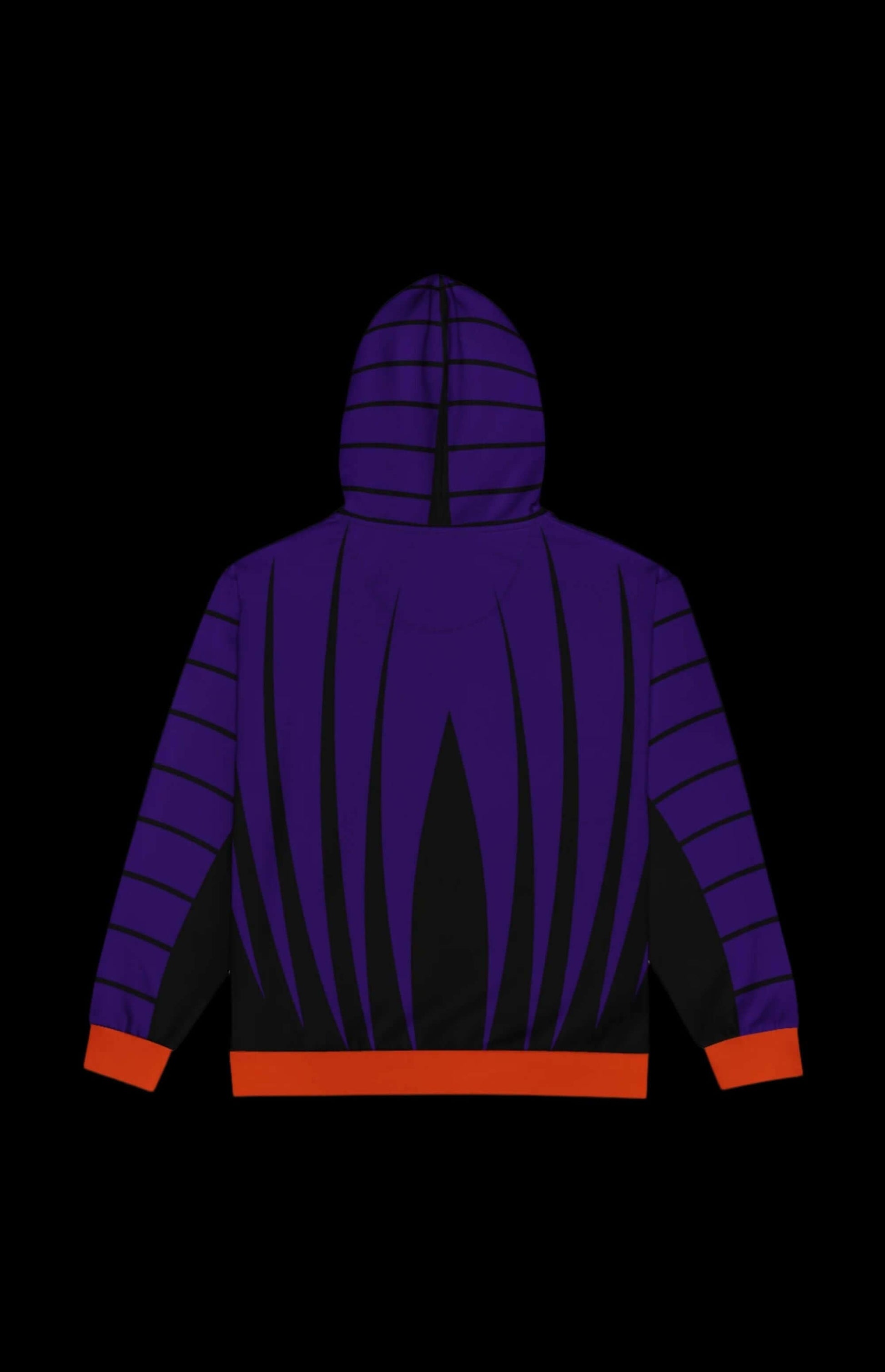 Back view of Mr Ominous Zip-up Hoodie in purple and black with vibrant orange cuffs, crafted from recycled materials.