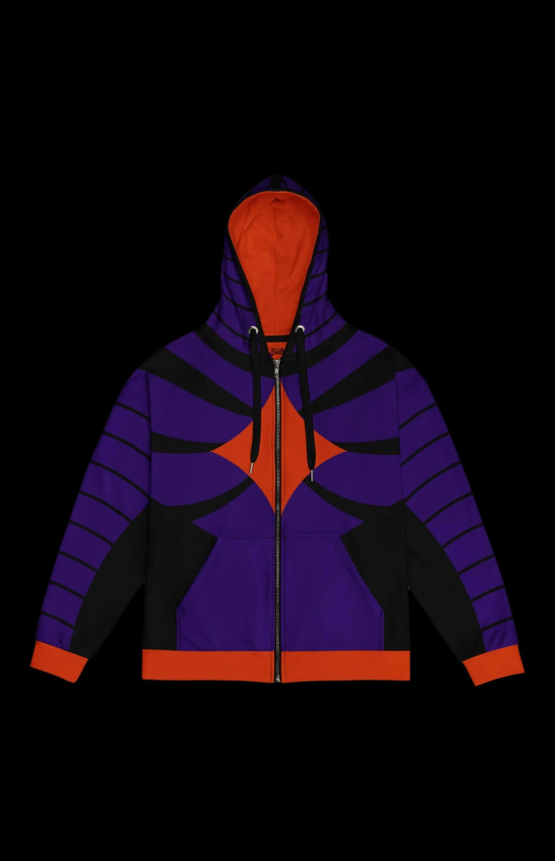 Mr Ominous Zip-up Hoodie in vibrant purple and orange, crafted from recycled materials for stylish, sustainable comfort.