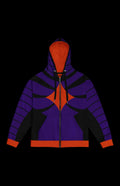 Mr Ominous Zip-up Hoodie in vibrant purple and orange, crafted from recycled materials for stylish, sustainable comfort.