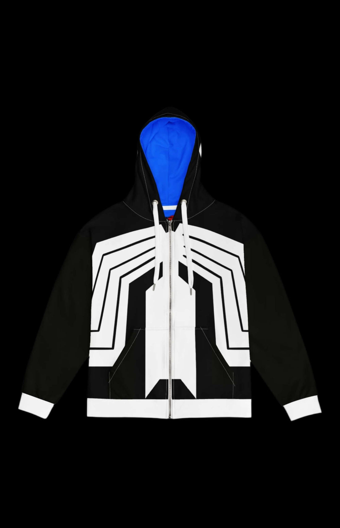 Oily Alien Guy Zip-up Hoodie in black and white with a vibrant pink interior, perfect for retro monster fans.