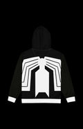 Oily Alien Guy Zip-up Hoodie featuring a sleek black and white spider design on the back, perfect for retro monster fans.