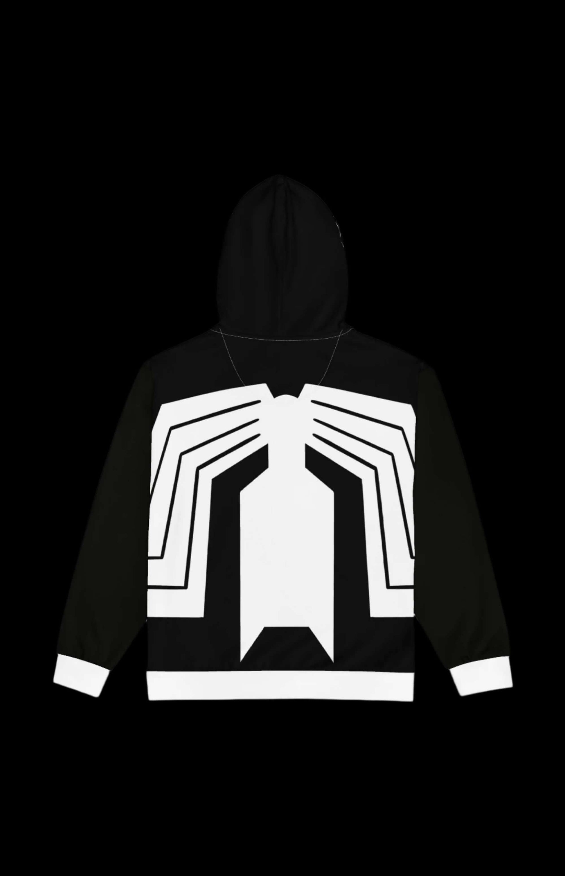 Oily Alien Guy Zip-up Hoodie featuring a sleek black and white spider design on the back, perfect for retro monster fans.