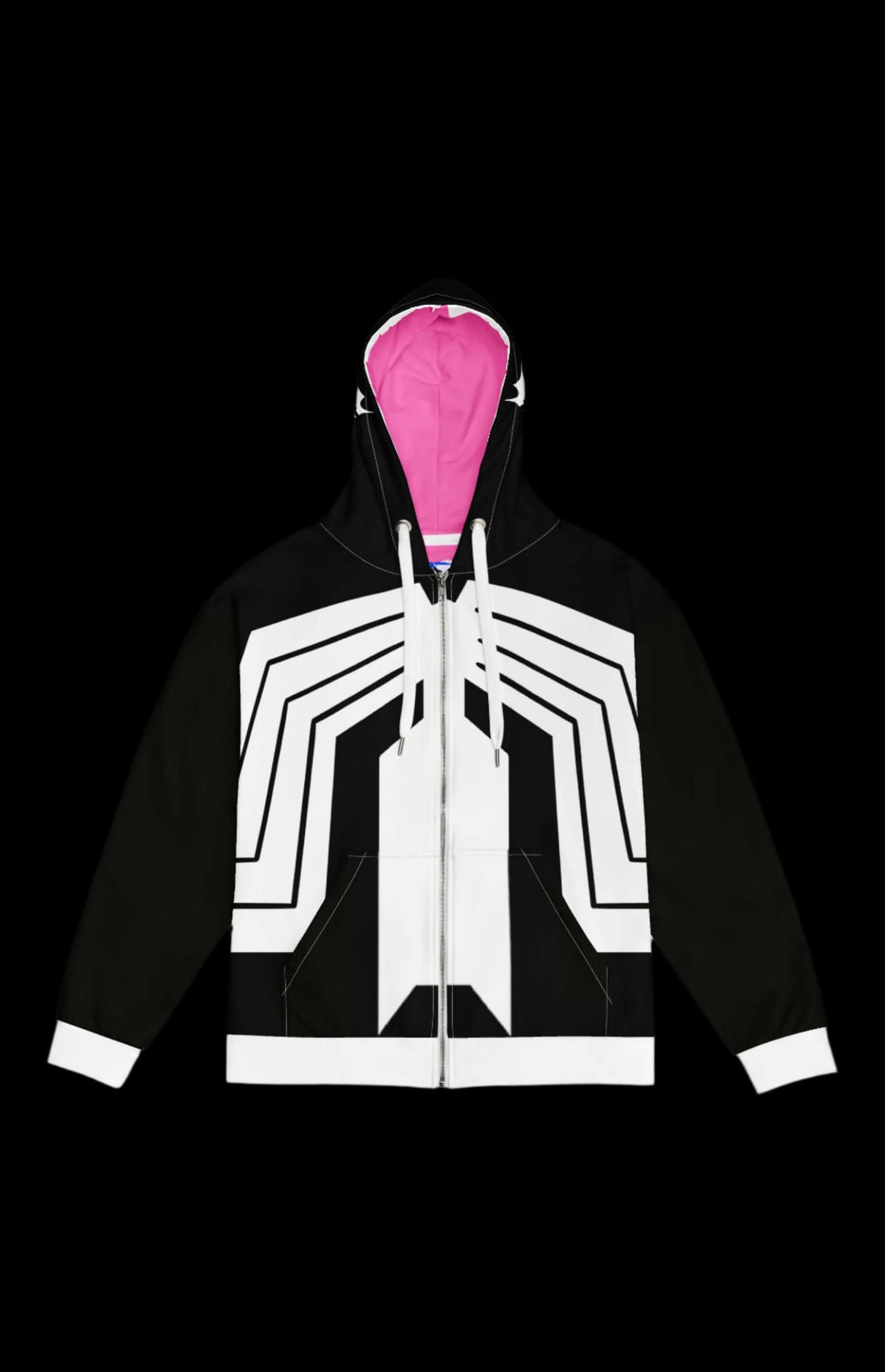 Oily Alien Guy Zip-up Hoodie in black and white with a vibrant pink interior, perfect for retro monster fans.