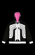 Oily Alien Guy Zip-up Hoodie in black and white with a vibrant pink interior, perfect for retro monster fans.