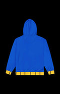 Back view of a blue zip-up hoodie with a yellow accent at the hem, designed for style and comfort.