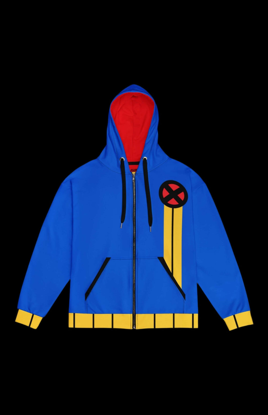 One-Eye zip-up hoodie in blue with red interior and yellow accents, featuring a stylish design for everyday wear.