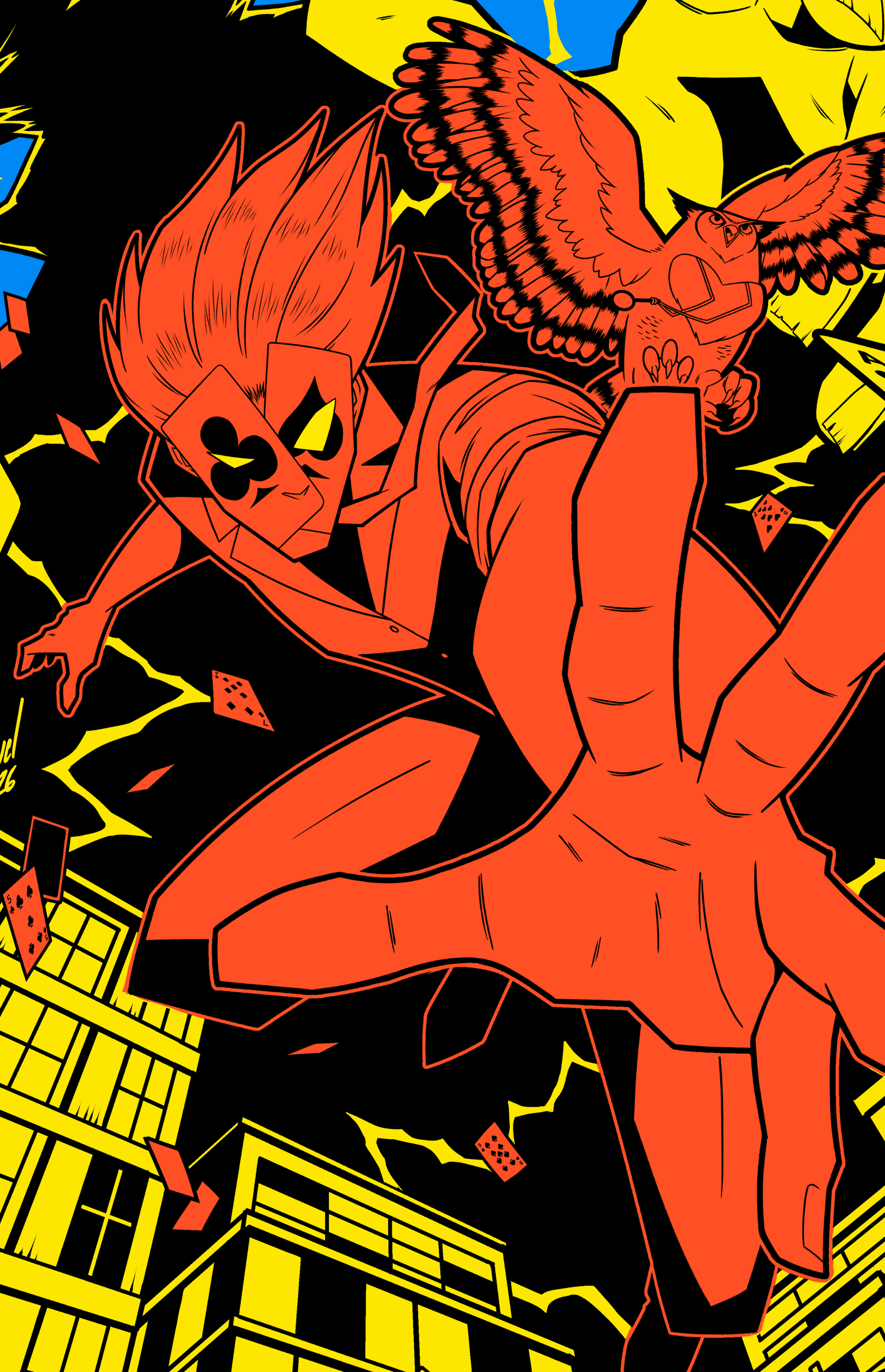 Dynamic illustration of a character in comic style with an owl, showcasing creativity and action.