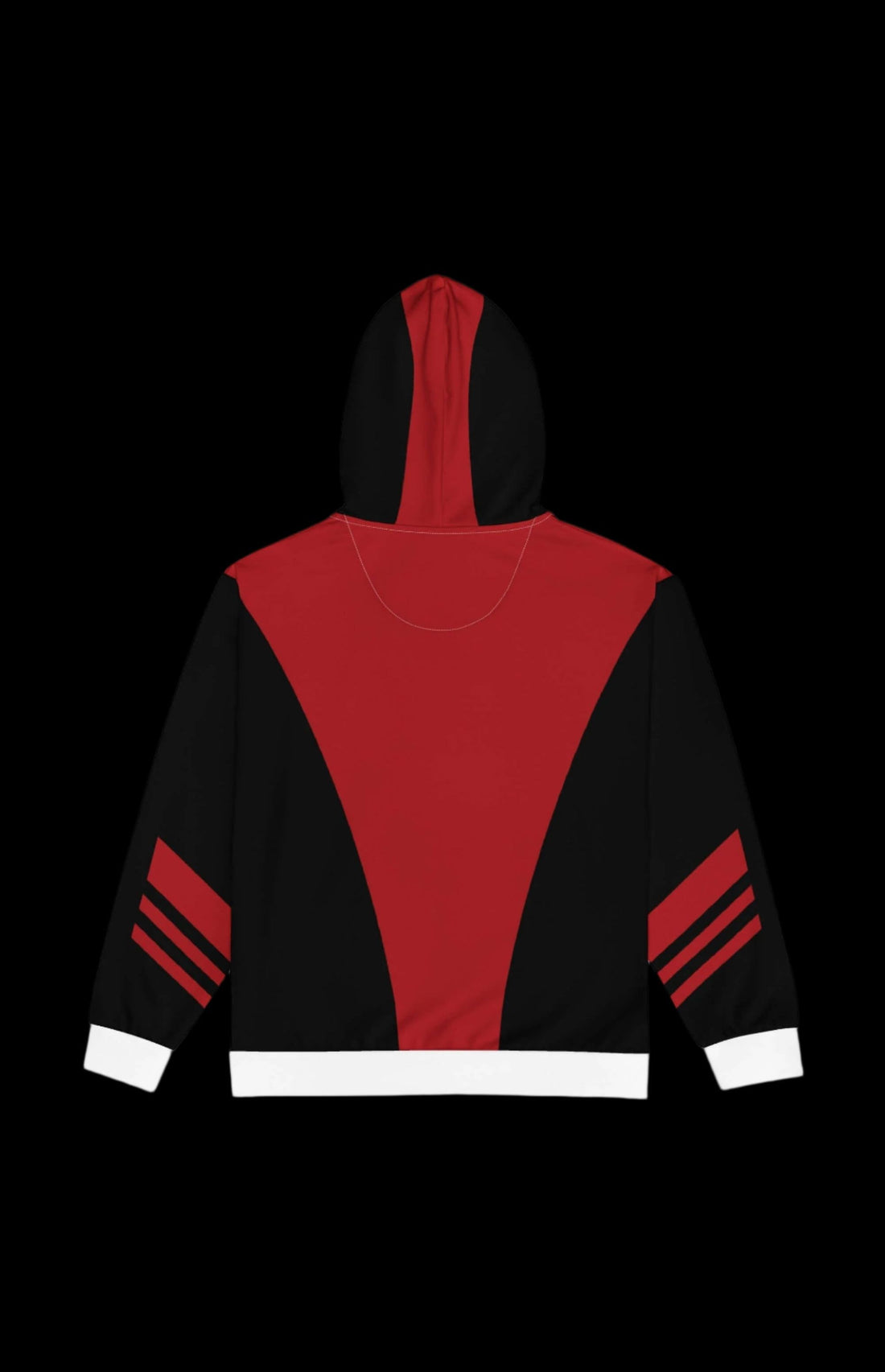 Stylish zip-up hoodie with bold red and black design, featuring a unique hood illustration for a modern look.