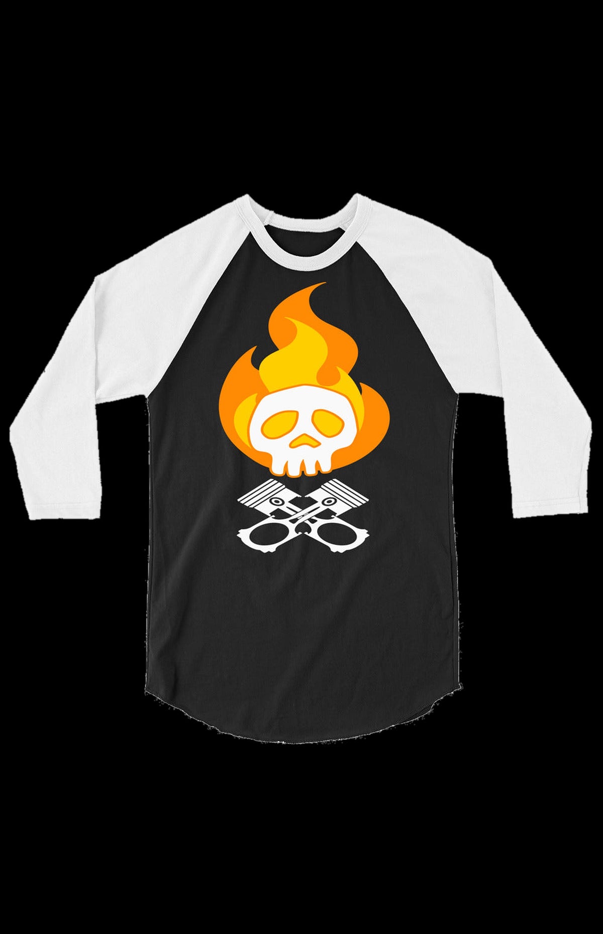 Spirit Rider 3/4 Sleeve Raglan Shirt in black with white sleeves and a flaming skull with crossed pistons