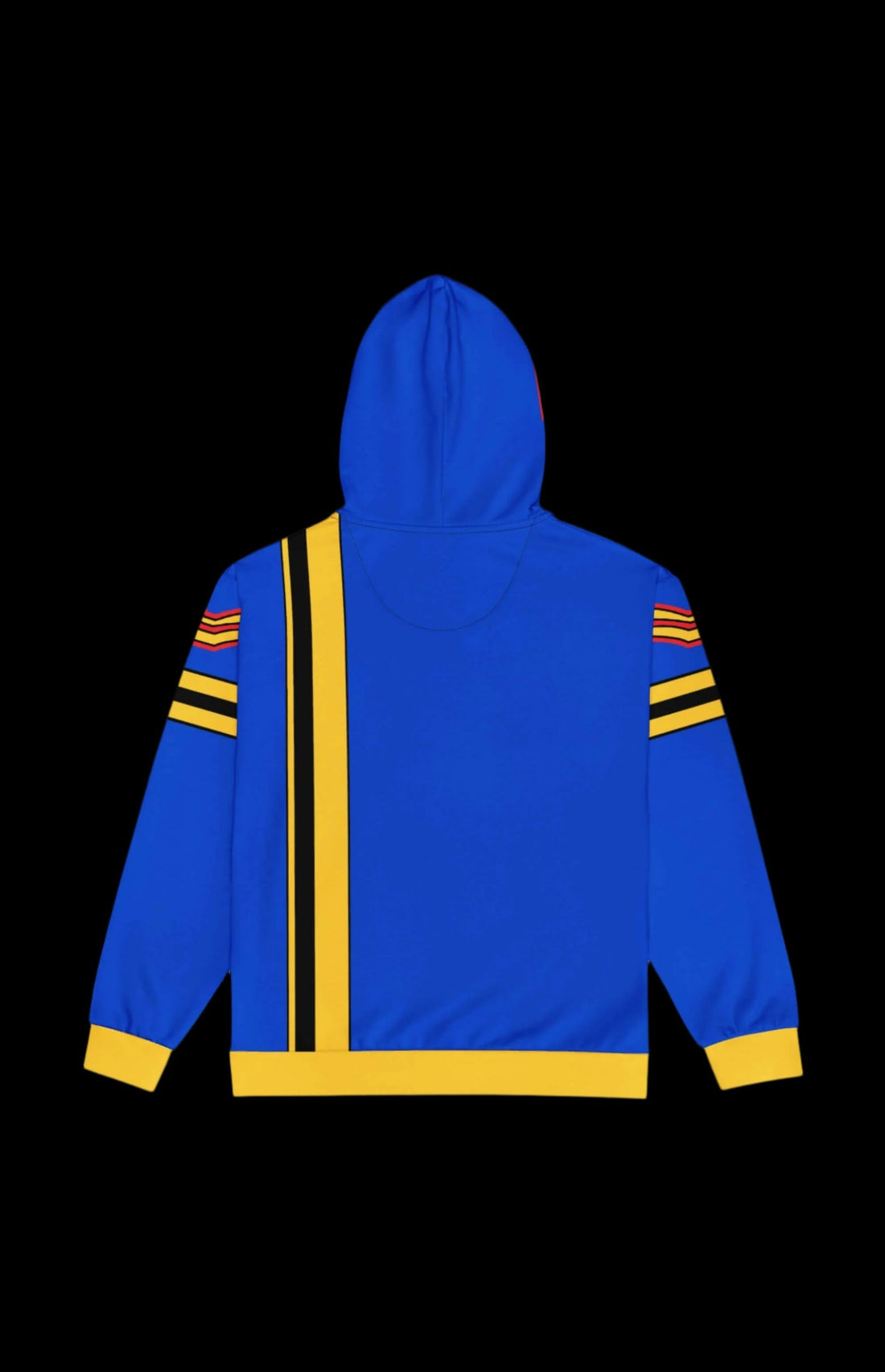 Vibrant blue zip-up hoodie with bold red and yellow accents, perfect for a stylish everyday look.