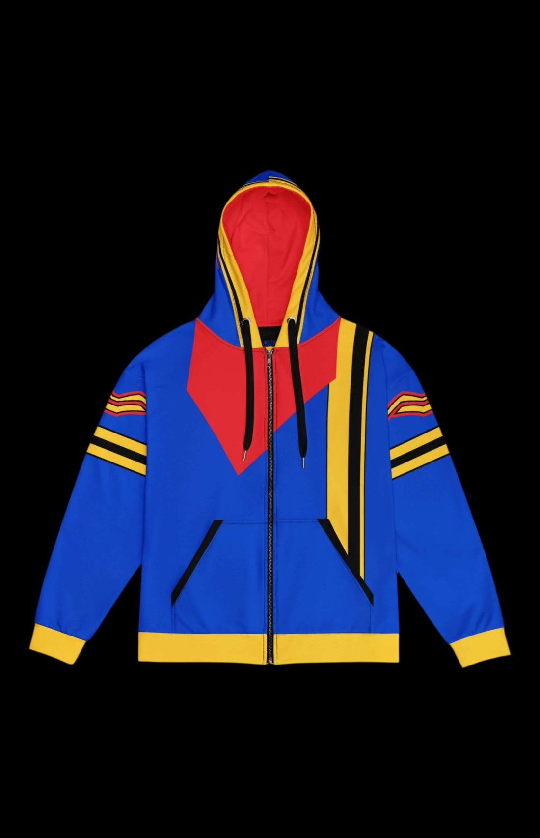 Vibrant blue zip-up hoodie with bold red and yellow accents, perfect for a stylish everyday look.
