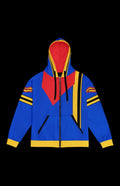 Vibrant blue zip-up hoodie with bold red and yellow accents, perfect for a stylish everyday look.
