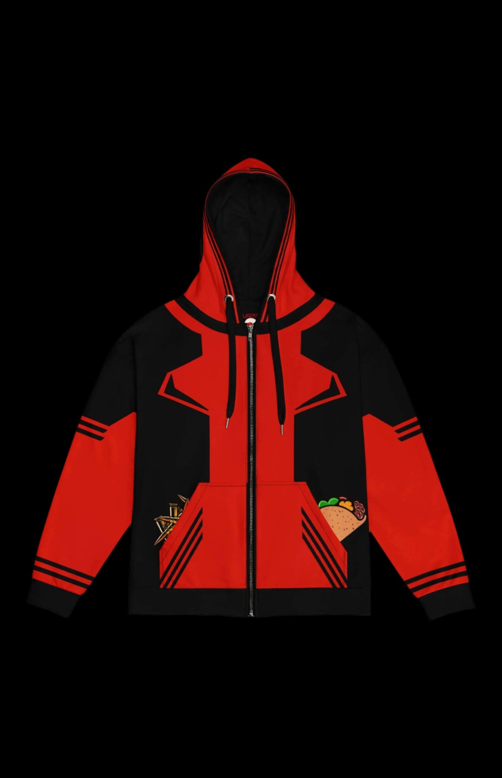 Red and black zip-up hoodie with unique graphics and a casual design, perfect for stylish everyday wear.