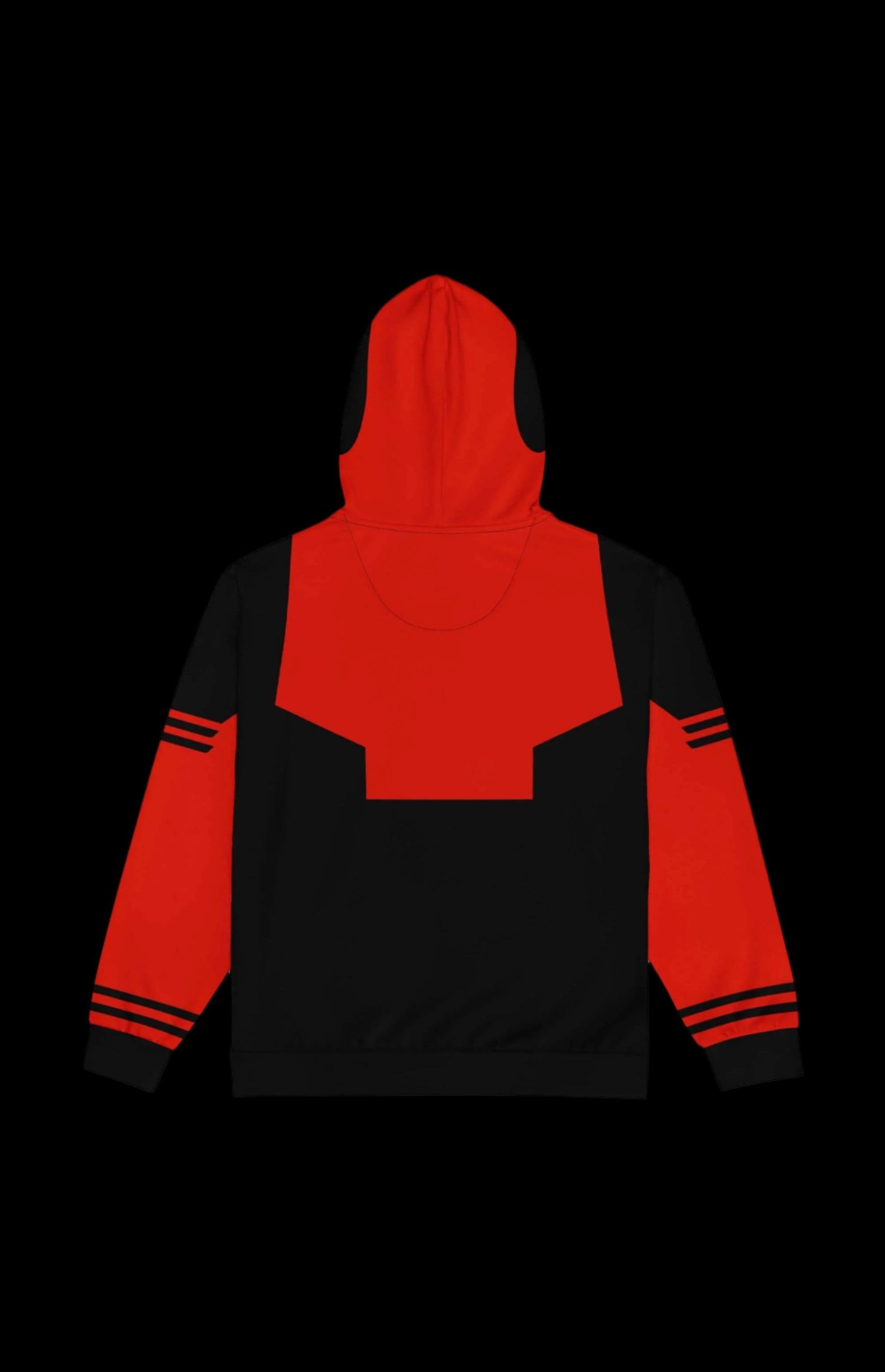 Back view of the Ryan zip-up hoodie in red and black, featuring drop shoulders and striped sleeves.