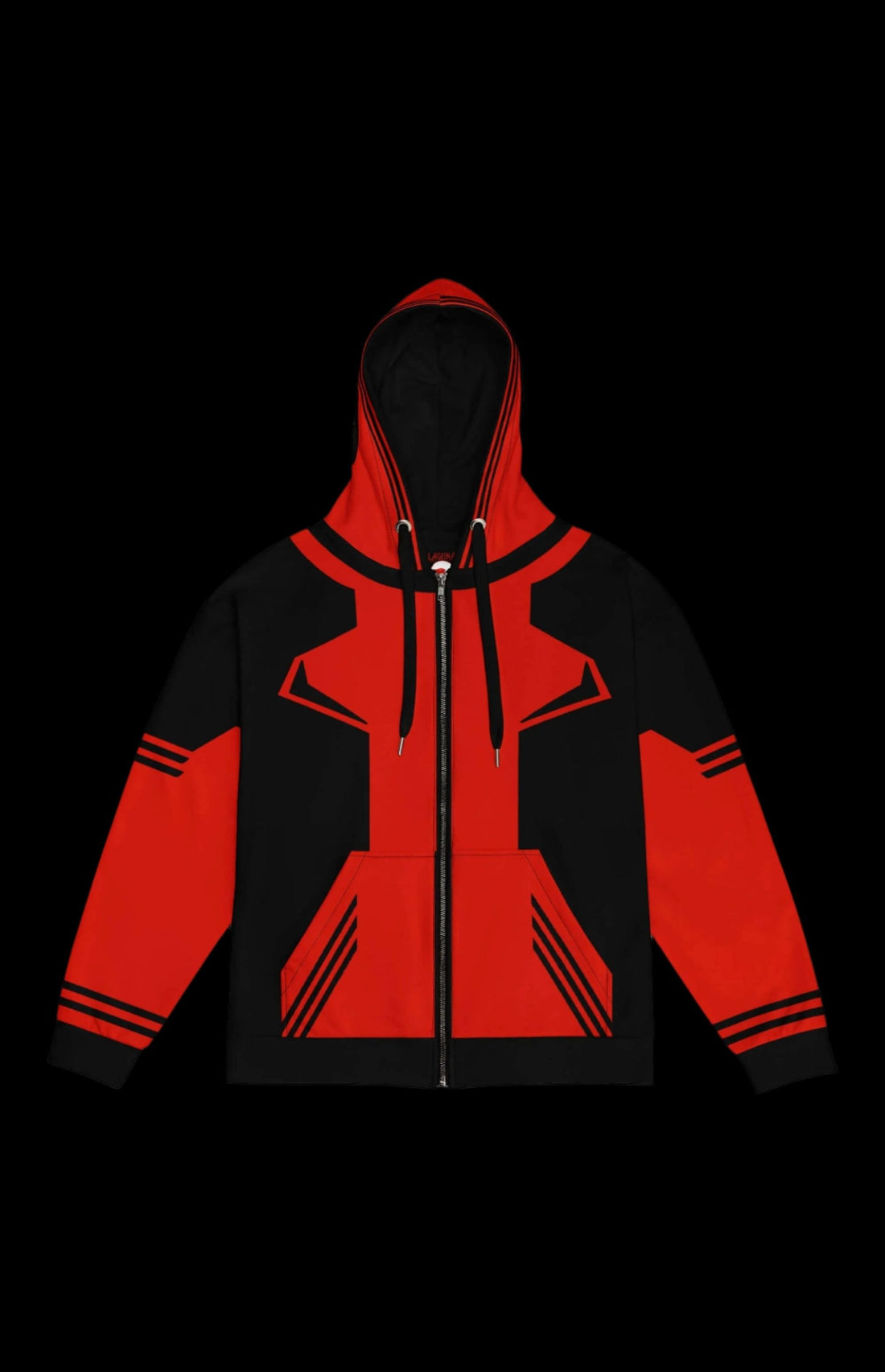 Ryan zip-up hoodie in red and black, featuring a stylish design for casual, unisex wear.