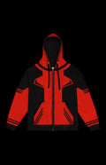 Ryan zip-up hoodie in red and black, featuring a stylish design for casual, unisex wear.