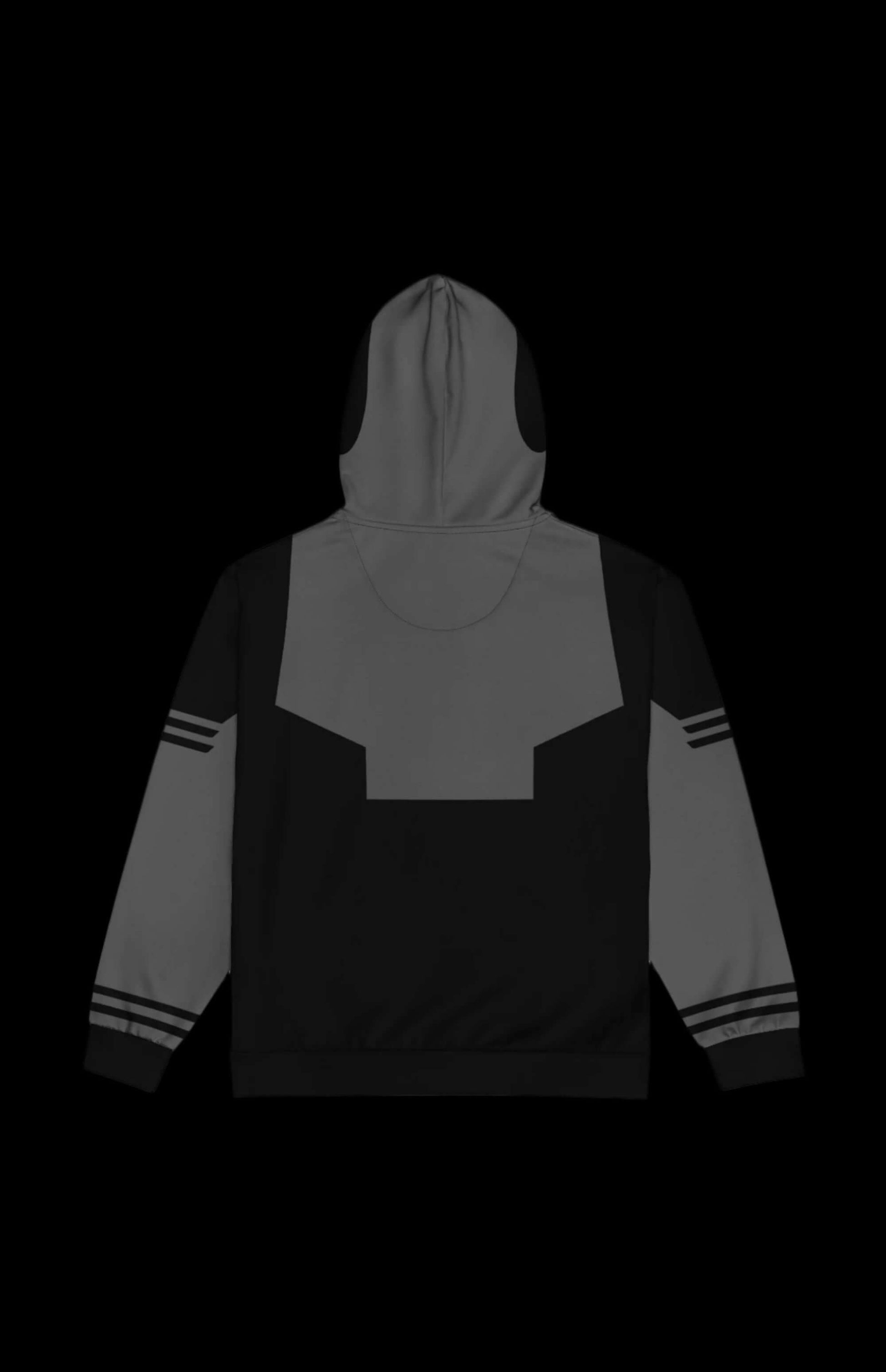Back view of the Ryan Zip-up Hoodie featuring a sleek black and gray design with striped detailing.