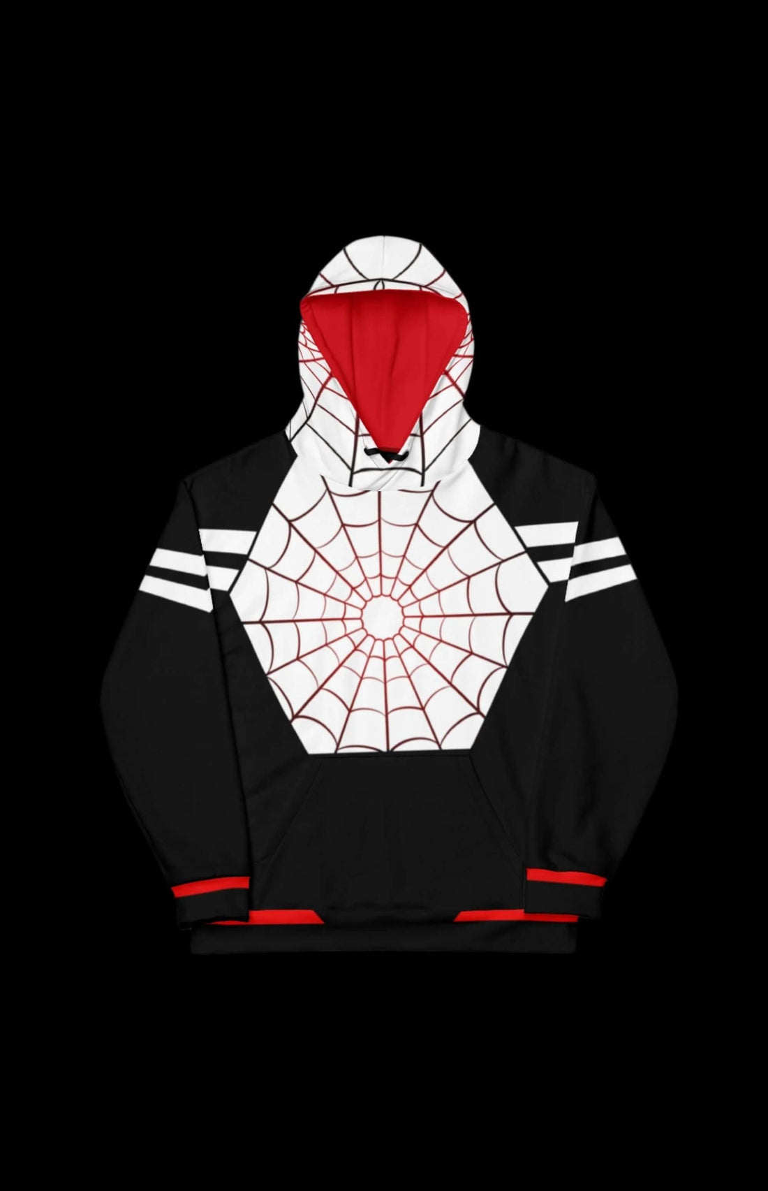 Satin Pullover Hoodie featuring spider web design, red accents, and cool retro vibes for stylish comfort.