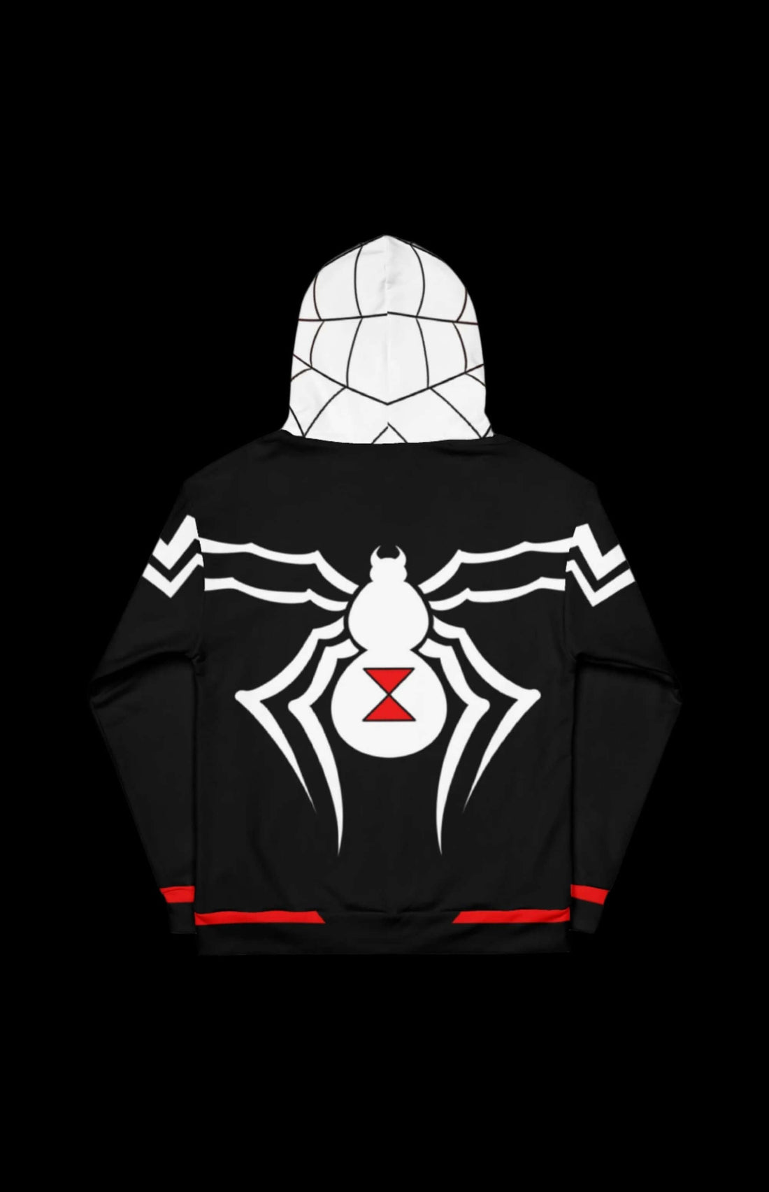 Satin Pullover Hoodie featuring spider web design, red accents, and cool retro vibes for stylish comfort.
