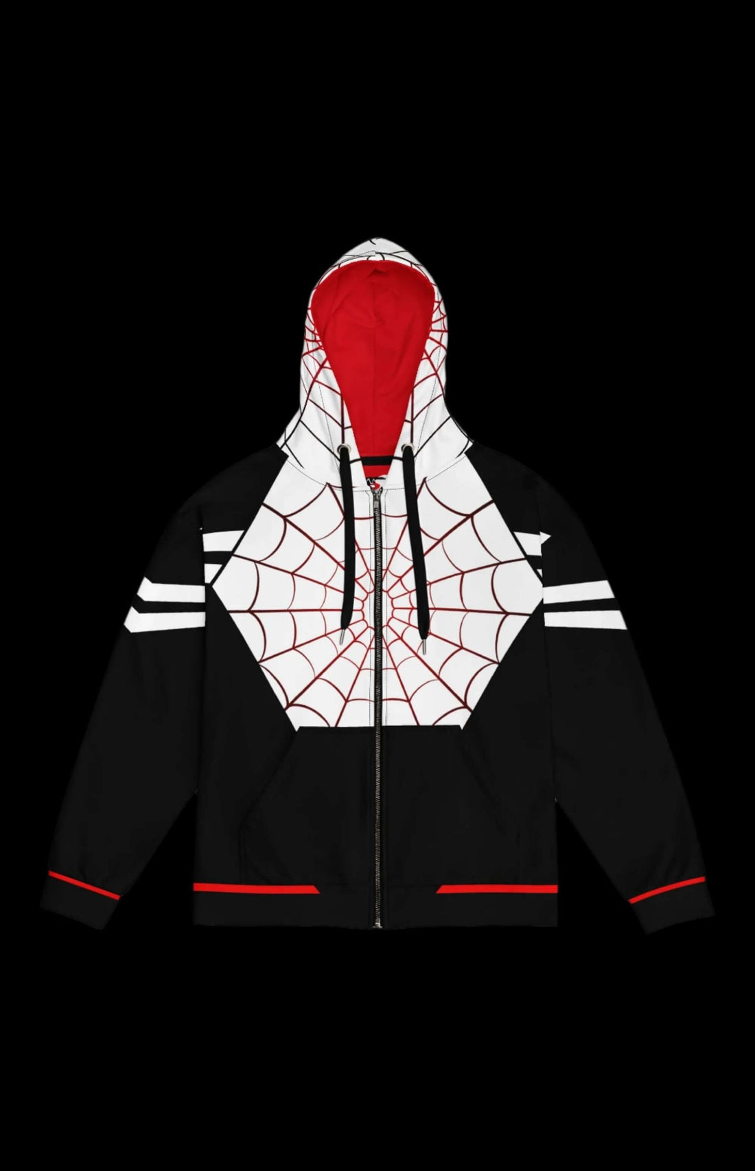 Satin Zip-up Hoodie featuring spider-web design and red accents, blending style with stealthy flair.