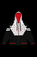 Satin Zip-up Hoodie featuring spider-web design and red accents, blending style with stealthy flair.