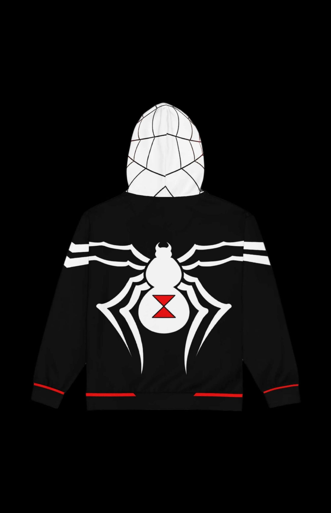 Satin Zip-up Hoodie featuring spider-web design and red accents, blending style with stealthy flair.