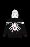Back view of a stylish black Satin Zip-up Hoodie featuring a spider graphic and red accents.