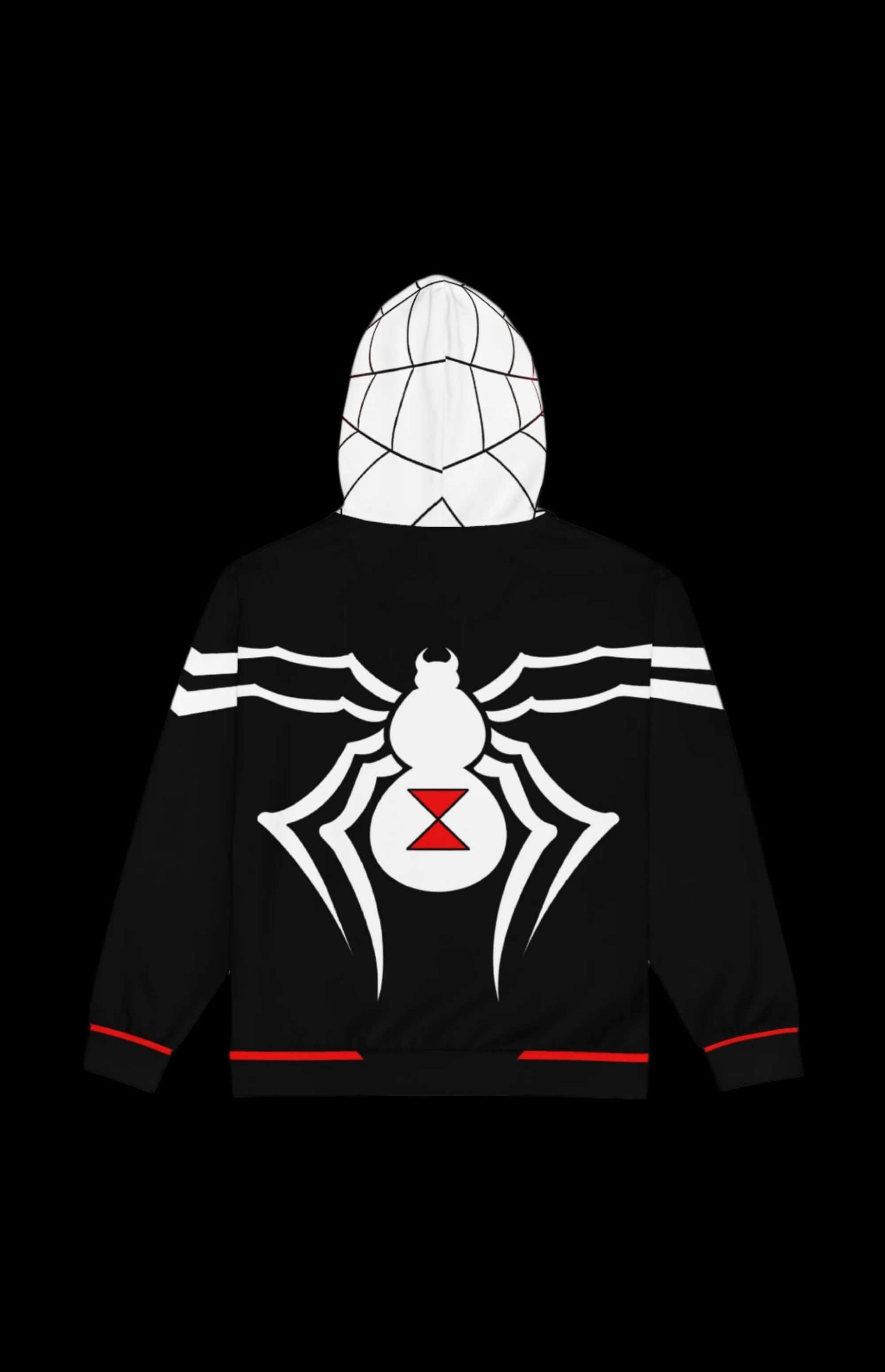Back view of a stylish black Satin Zip-up Hoodie featuring a spider graphic and red accents.