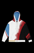 Shapeshifter Zip-up Hoodie featuring a bold design with red, black, and blue colors, perfect for comic book fans and stylish transformations.