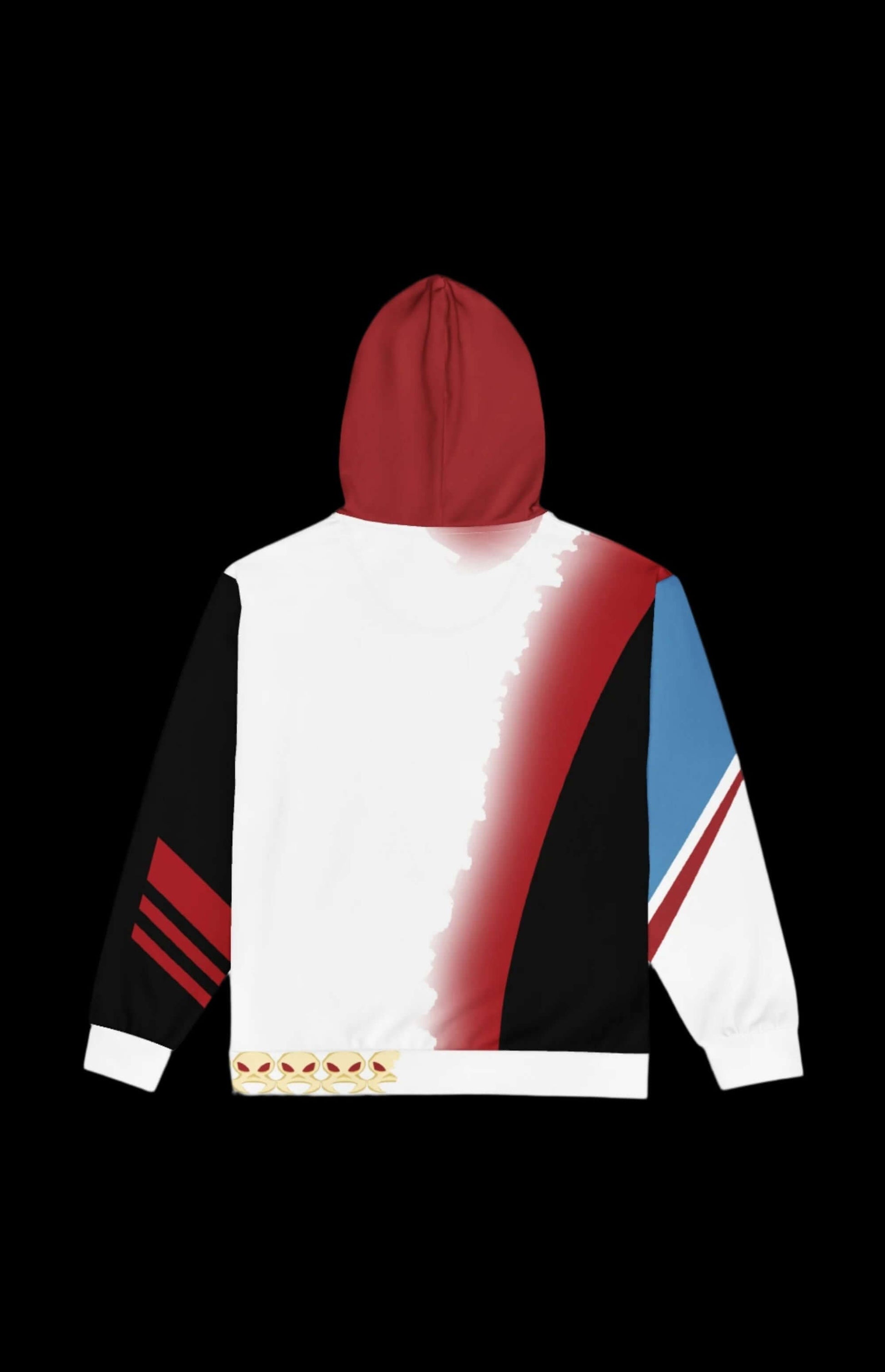 Back view of Shapeshifter Zip-up Hoodie featuring dynamic colors and retro designs, ideal for fans of comic book style.