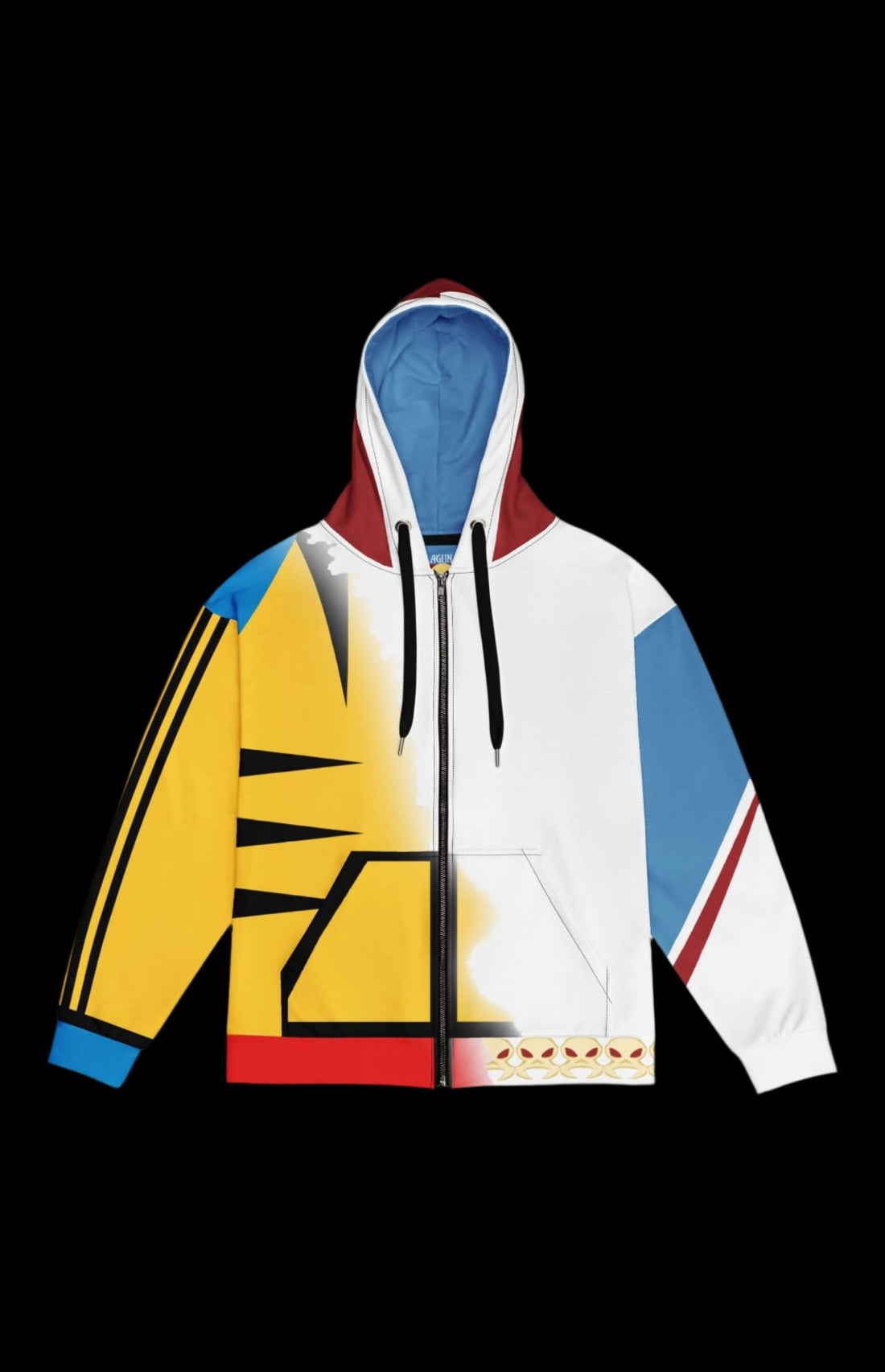 Shapeshifter Zip-up Hoodie in white, blue, and red with unique design, perfect for comic book fans and retro vibes.