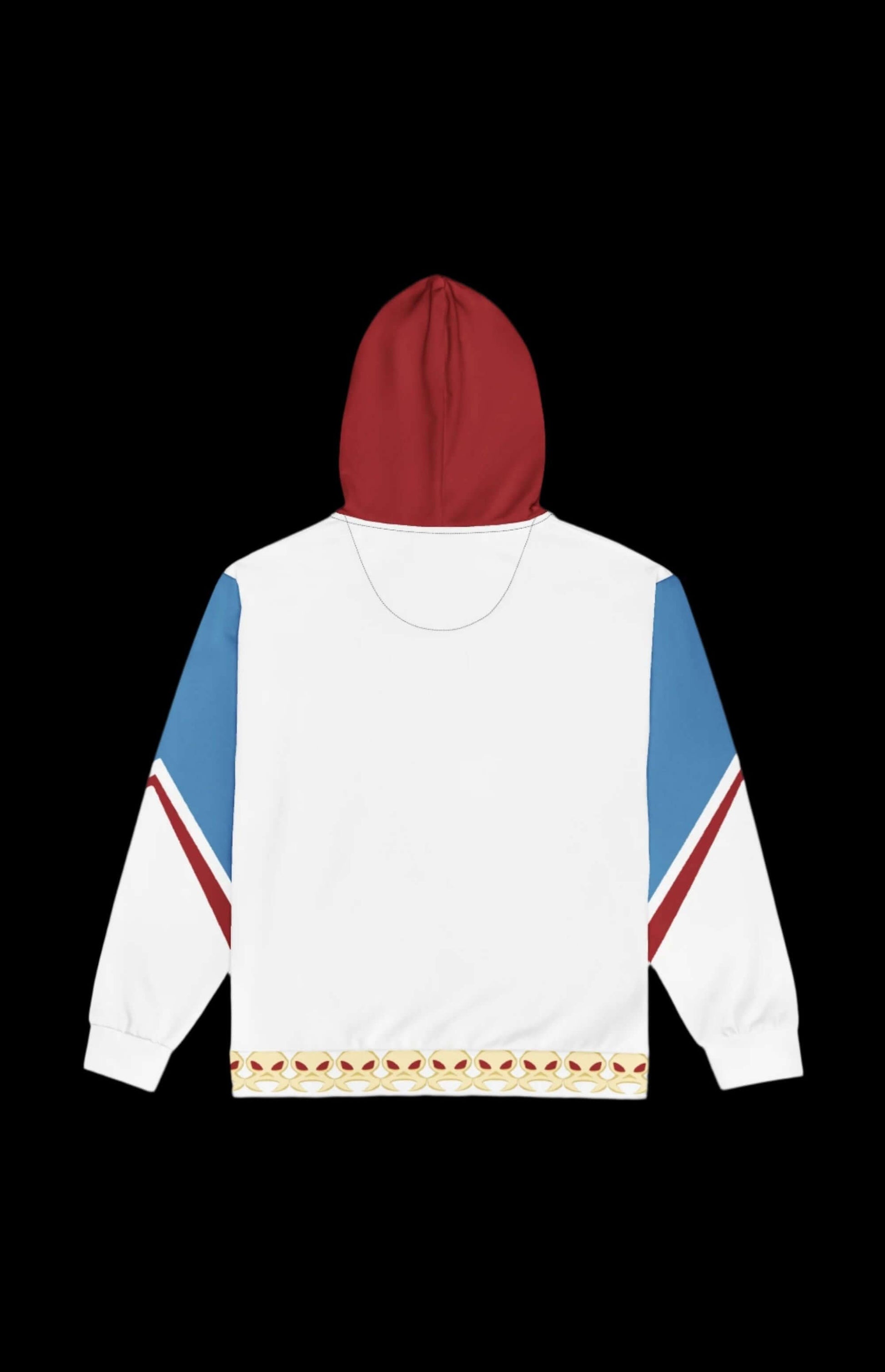 Back view of the Shapeshifter Zip-up Hoodie featuring red hood, blue and white sleeves, and retro design elements.
