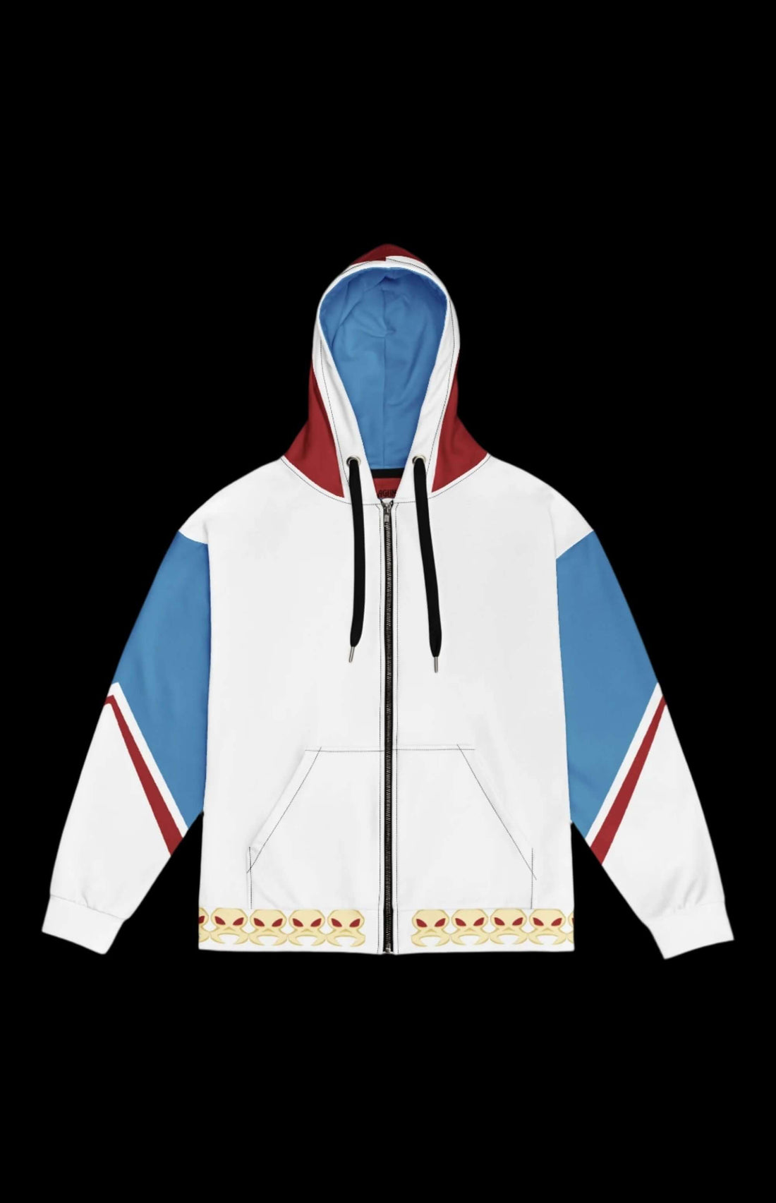Shapeshifter Zip-up Hoodie in white, blue, and red with unique design, perfect for comic book fans and retro vibes.