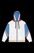Shapeshifter Zip-up Hoodie in white, blue, and red with unique design, perfect for comic book fans and retro vibes.