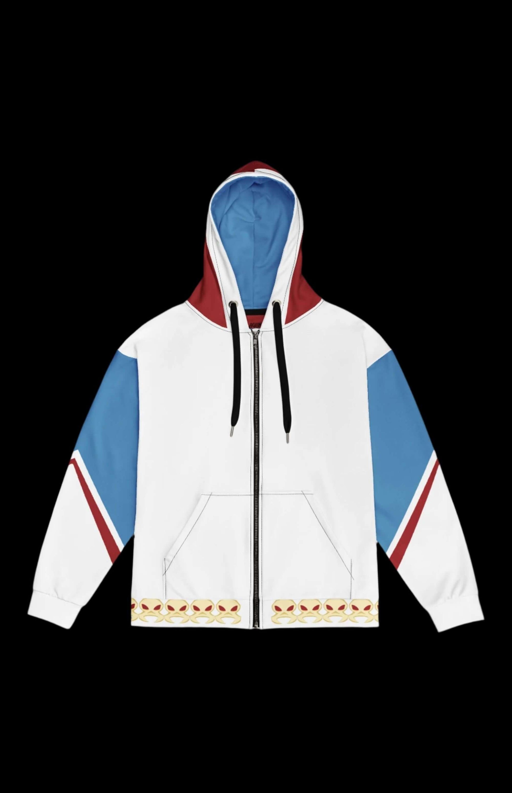 Shapeshifter Zip-up Hoodie in white, blue, and red with unique design, perfect for comic book fans and retro vibes.