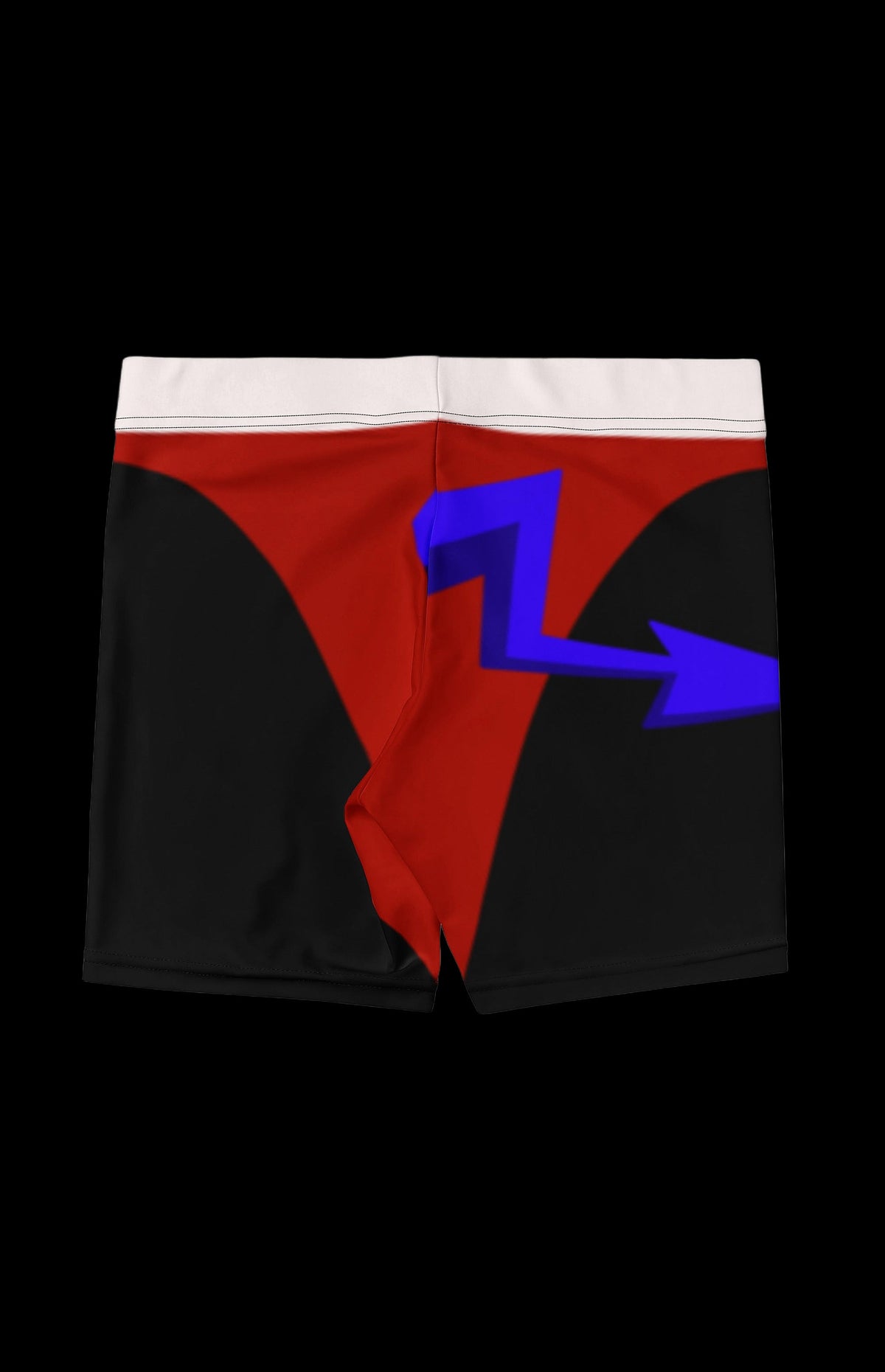 Blue BAMF Workout Shorts back in red and black with blue pointed-tail graphic