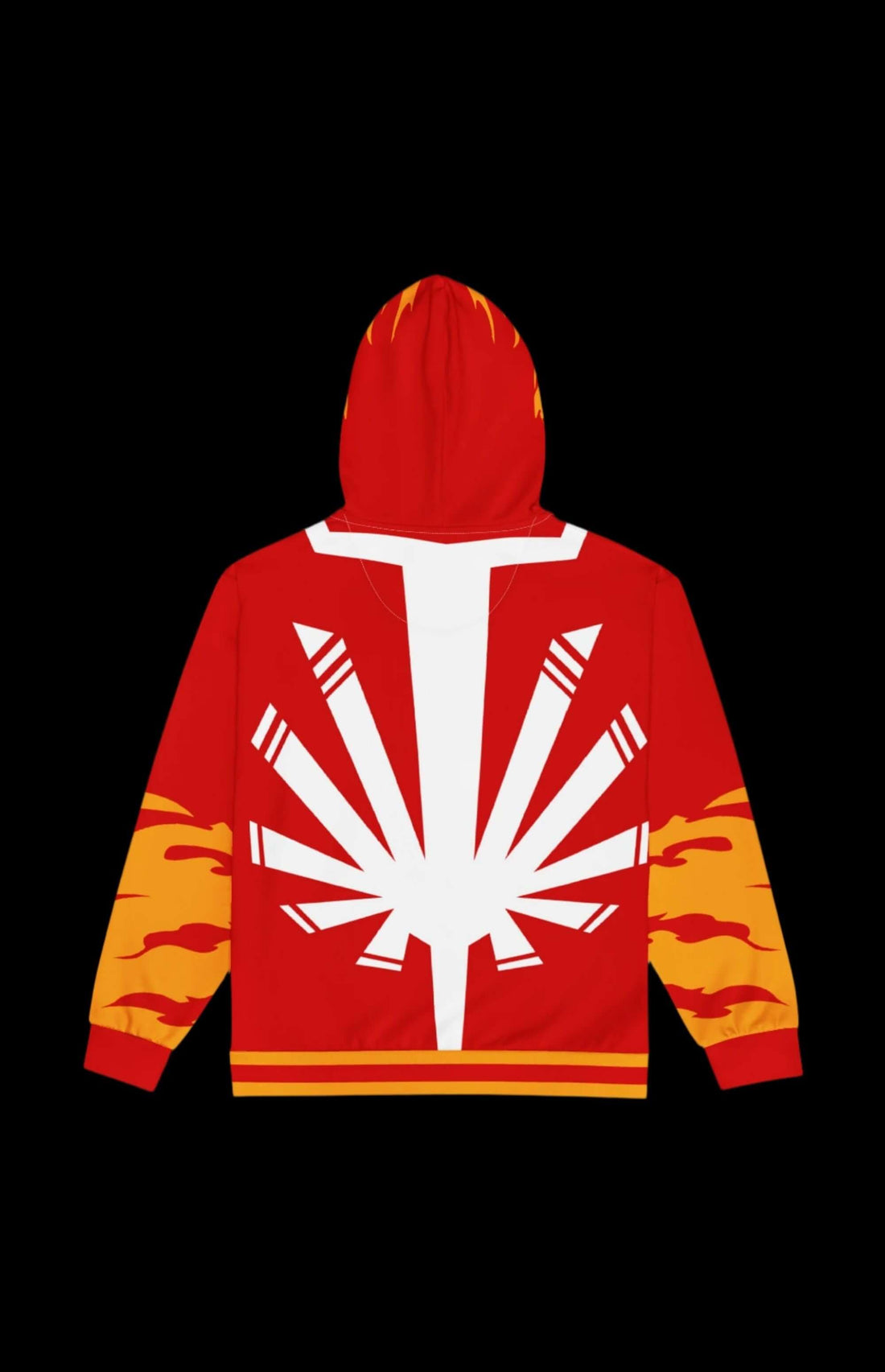 Vibrant Solar Flare Zip-up Hoodie with unique sun-inspired design in red and yellow, perfect for cozy casual wear.