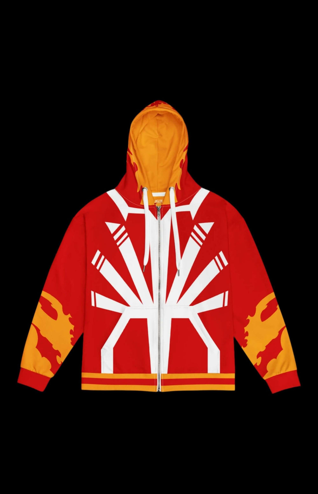 Vibrant Solar Flare Zip-up Hoodie with unique sun-inspired design in red and yellow, perfect for cozy casual wear.