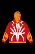 Vibrant Solar Flare Zip-up Hoodie with unique sun-inspired design in red and yellow, perfect for cozy casual wear.
