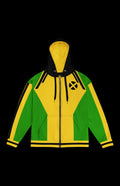 Southern Sugar zip-up hoodie in vibrant yellow, green, and black, blending style with sustainability for everyday wear.