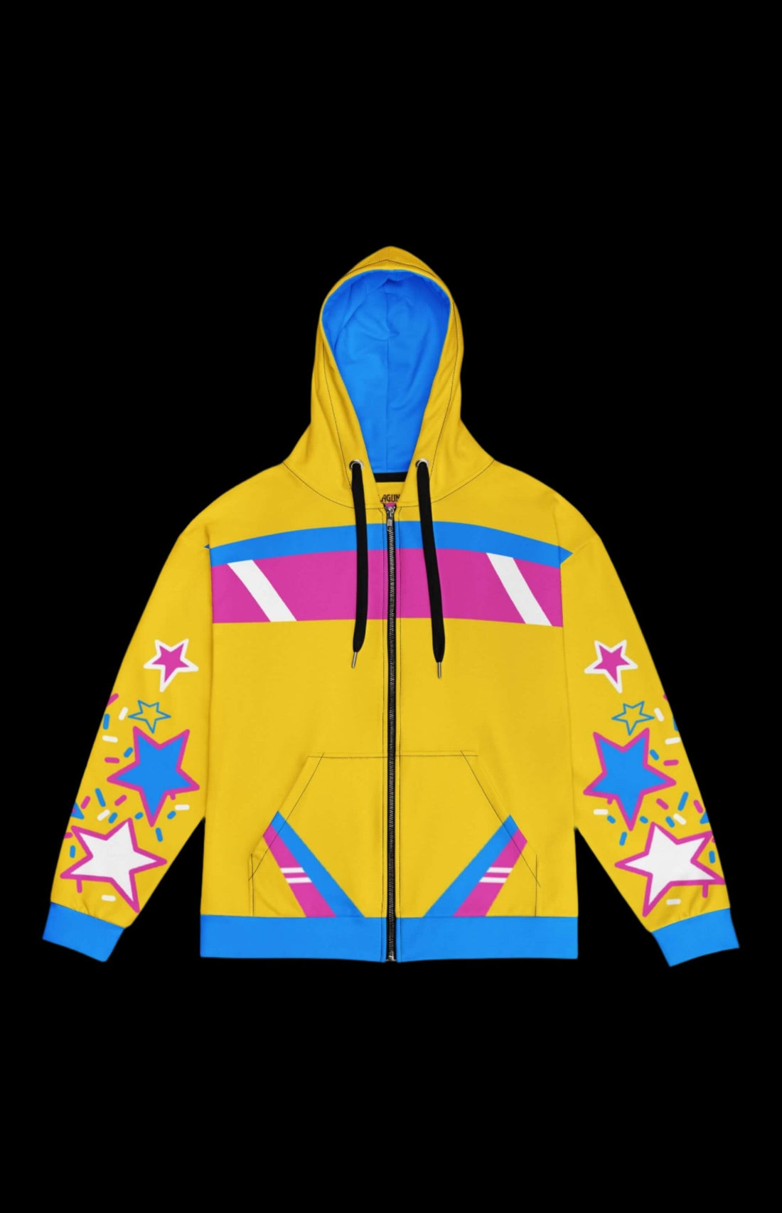 Bright yellow zip-up hoodie with colorful star designs and a cozy blue hood, perfect for fun and casual wear.