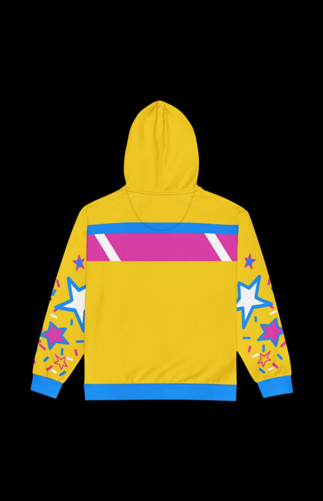 Bright yellow zip-up hoodie with colorful star designs and a cozy blue hood, perfect for fun and casual wear.