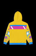 Bright yellow zip-up hoodie with colorful star patterns and a fun pink stripe on the back, perfect for casual wear.
