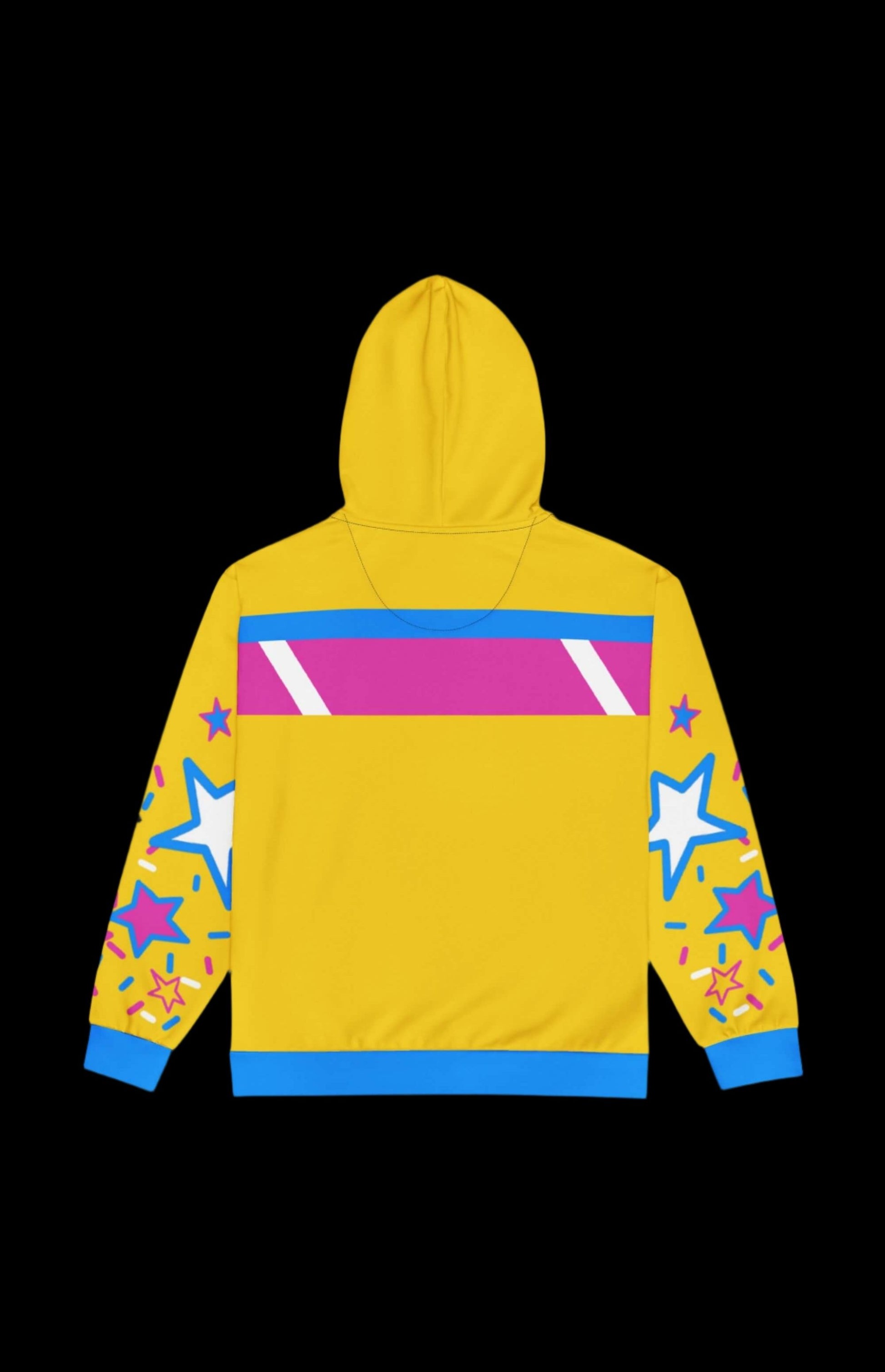 Bright yellow zip-up hoodie with colorful star patterns and a fun pink stripe on the back, perfect for casual wear.