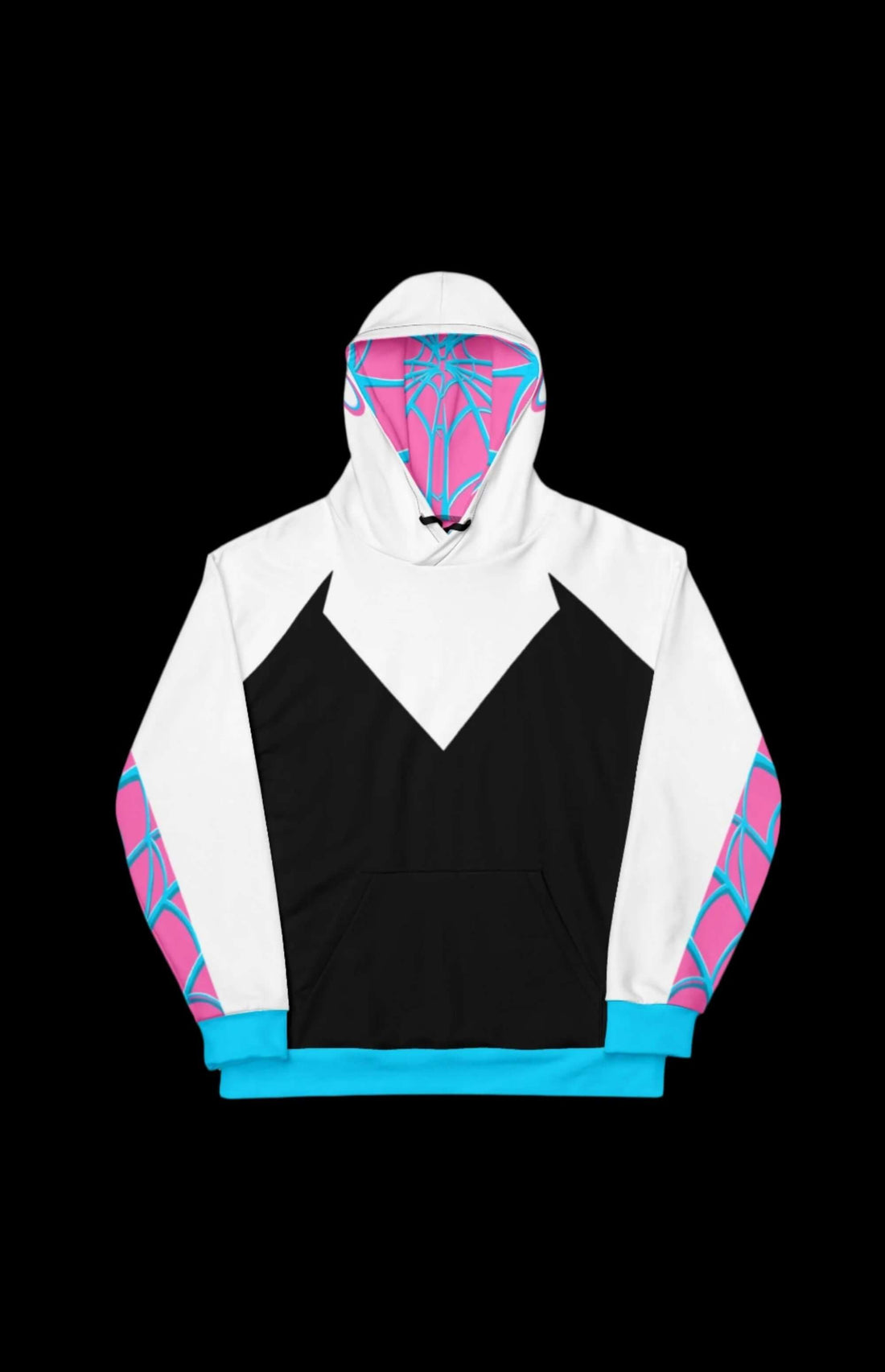 Spider Stacy Pullover Hoodie featuring a bold black and white design with pink spider web accents.