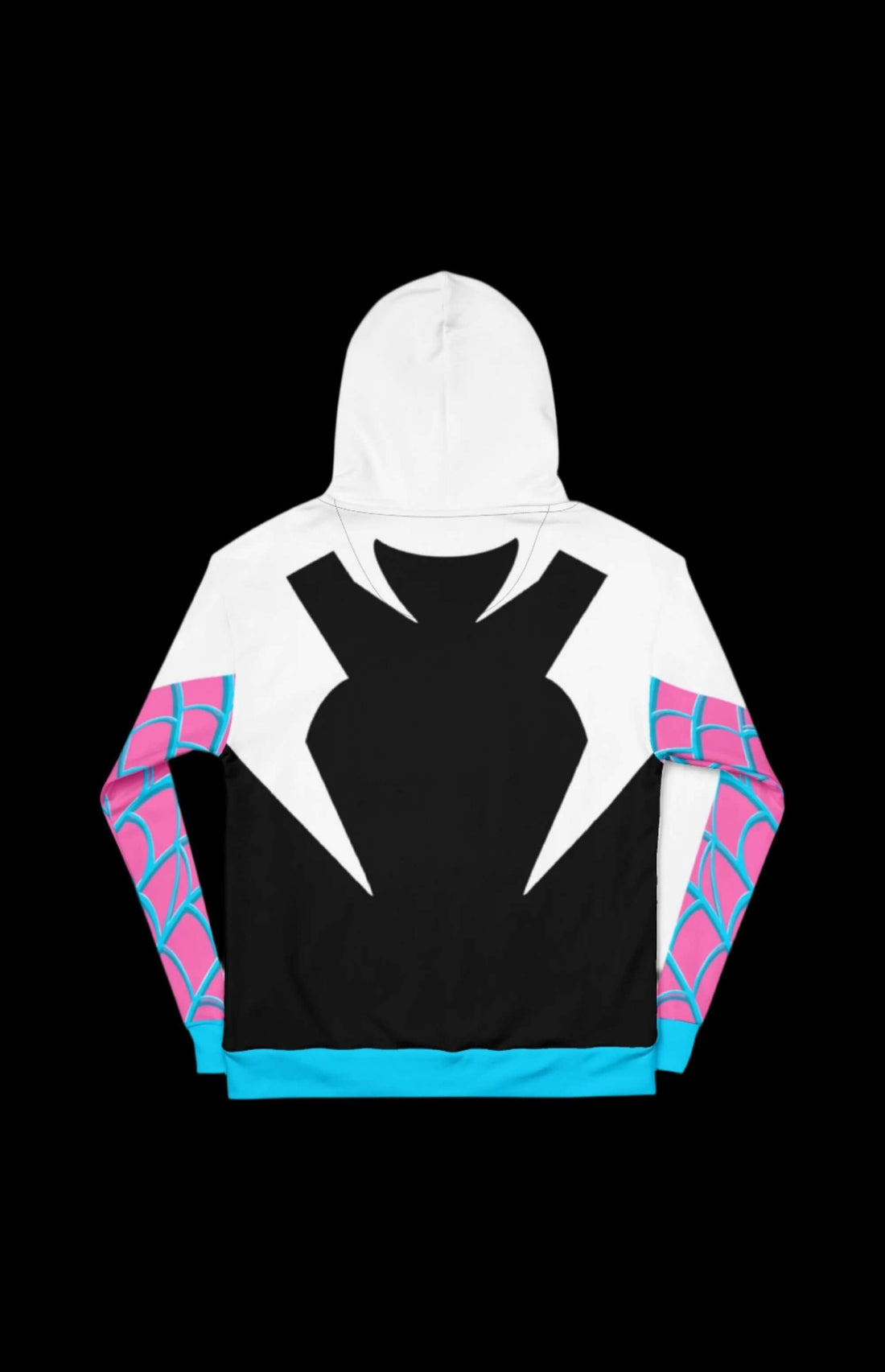 Spider Stacy Pullover Hoodie featuring a bold black and white design with pink spider web accents.