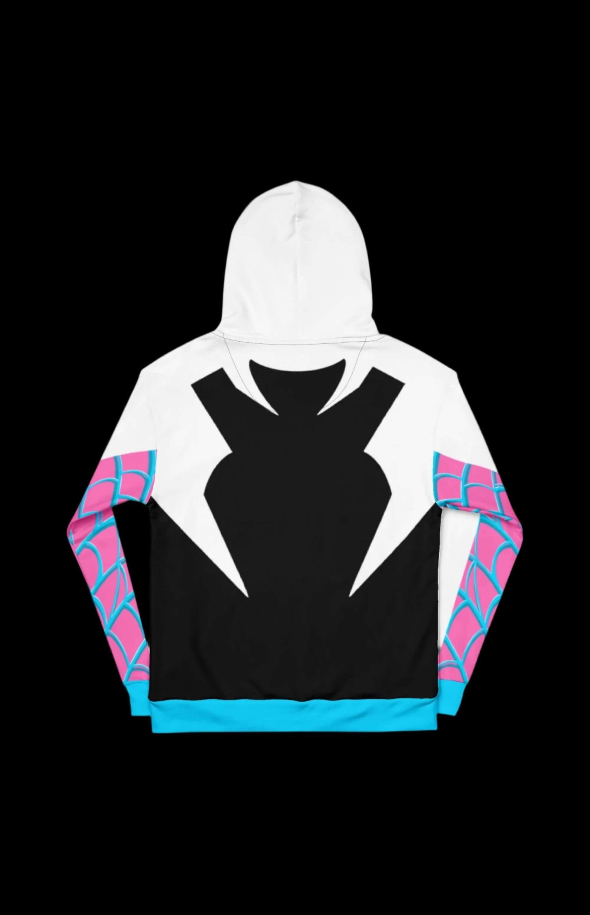 Back view of Spider Stacy Pullover Hoodie, featuring bold spider web design and stylish black and pink colors.