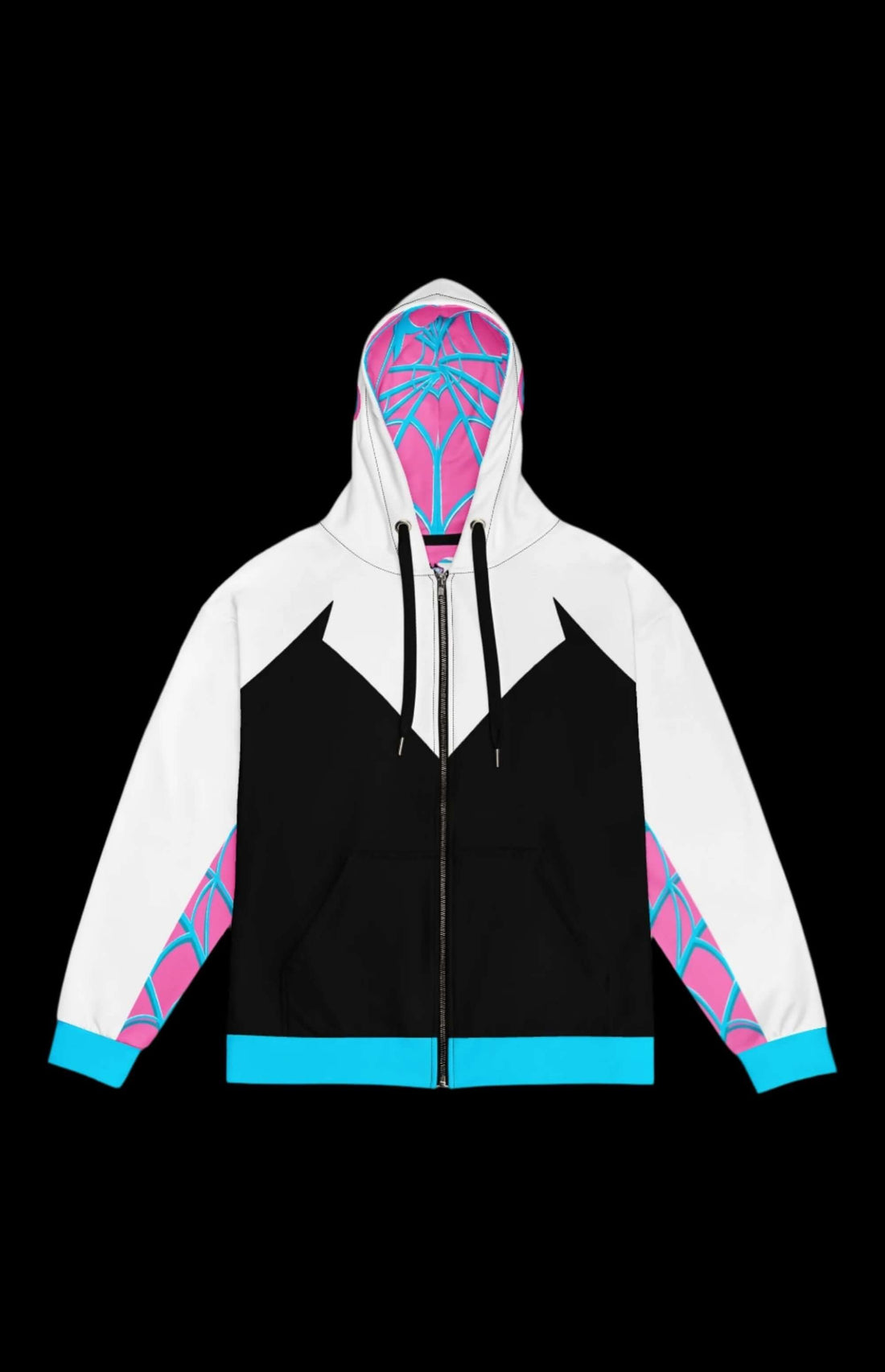 Spooder Gwen Zip-up Hoodie featuring bold black, white, and pink designs for stylish fans of retro comic book heroes.